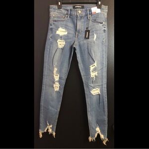 NWT Express Women's Light Blue Ripped Skinny Mid Rise Stretchy Jeans 8